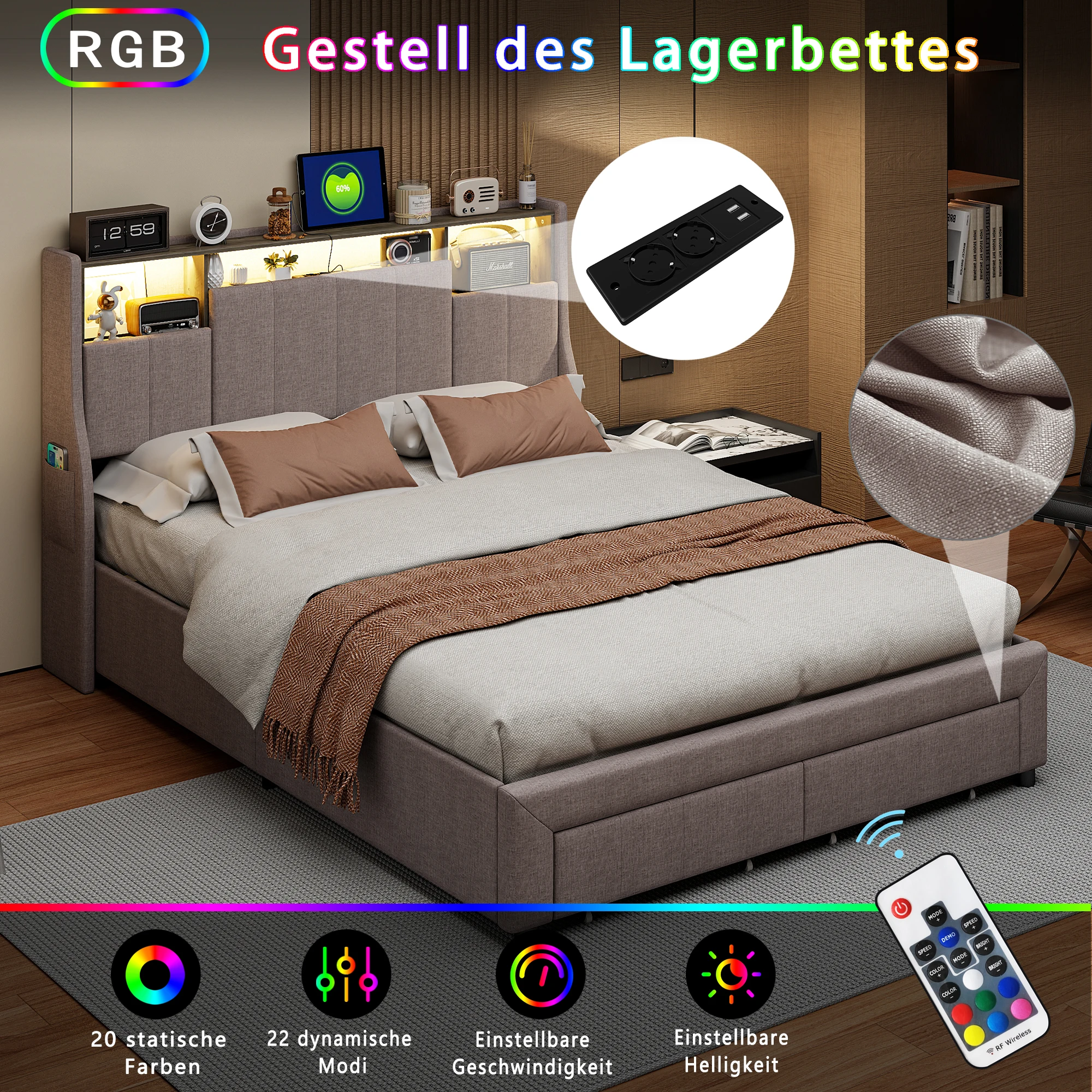 Rosahqnda Gepolstertes Doppelbett 140-160*200cm Stauraum-Kopfteil Funktionsbett LED & USB & Schubladen Erwachsenen-Jugendbett