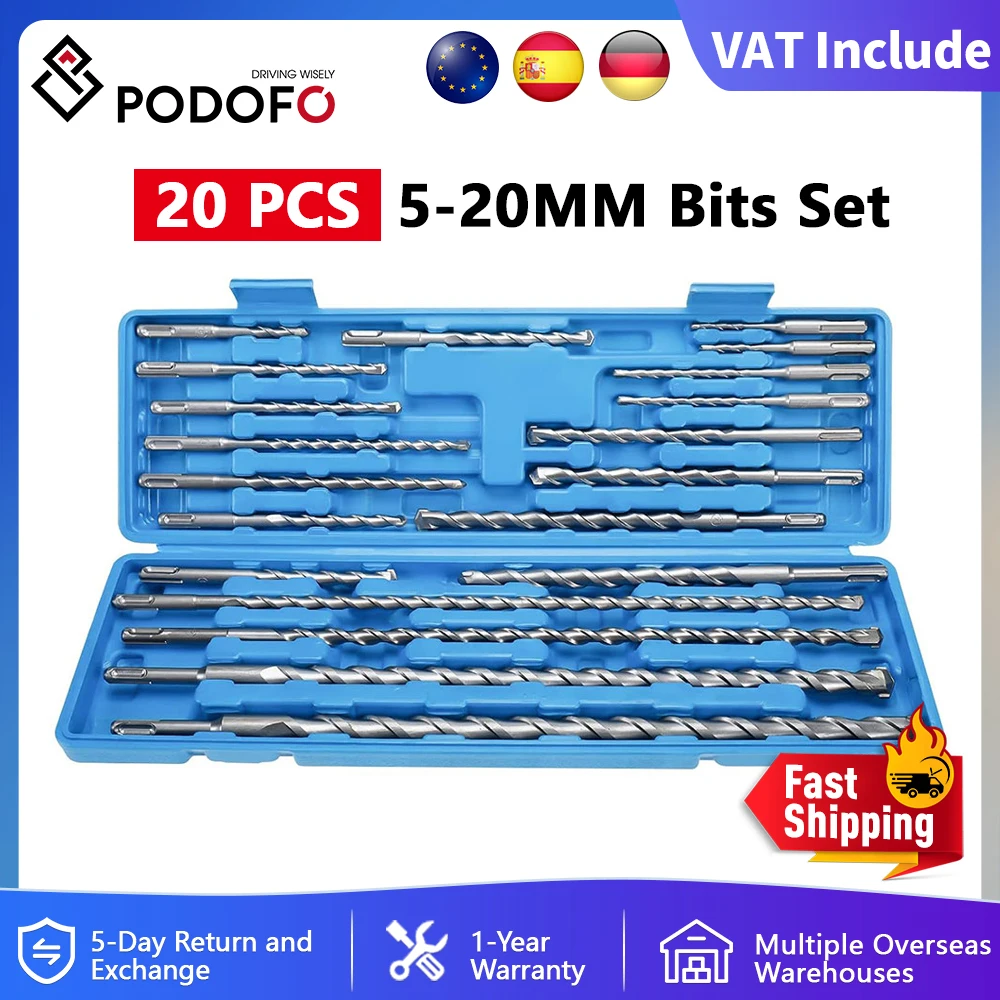 Podofo 20-teiliges elektrisches Hammerbohrer-Set SDS Plus, 5–20 mm, für Beton, Ziegel und Mauerwerk, inklusive Lochsäge zum Bohren von Wand Image