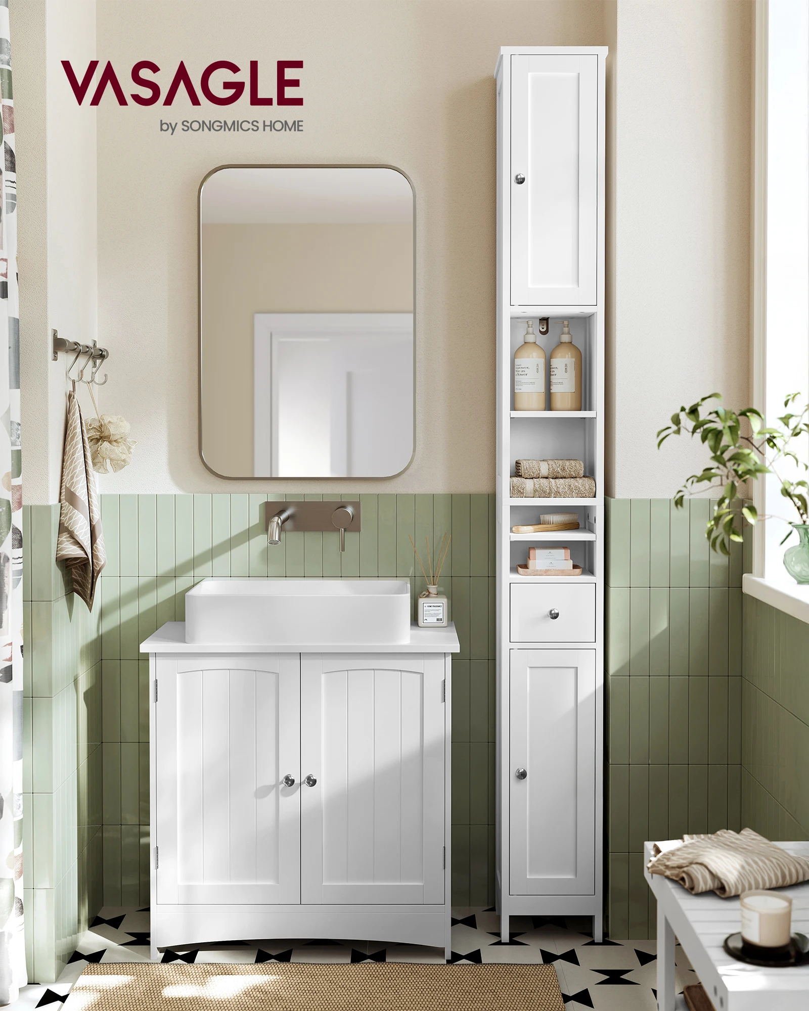 VASAGLE Badezimmerschrank, Badschrank, hoch, schmaler Aufbewahrungsschrank, mit verstellbaren Ablagen Image