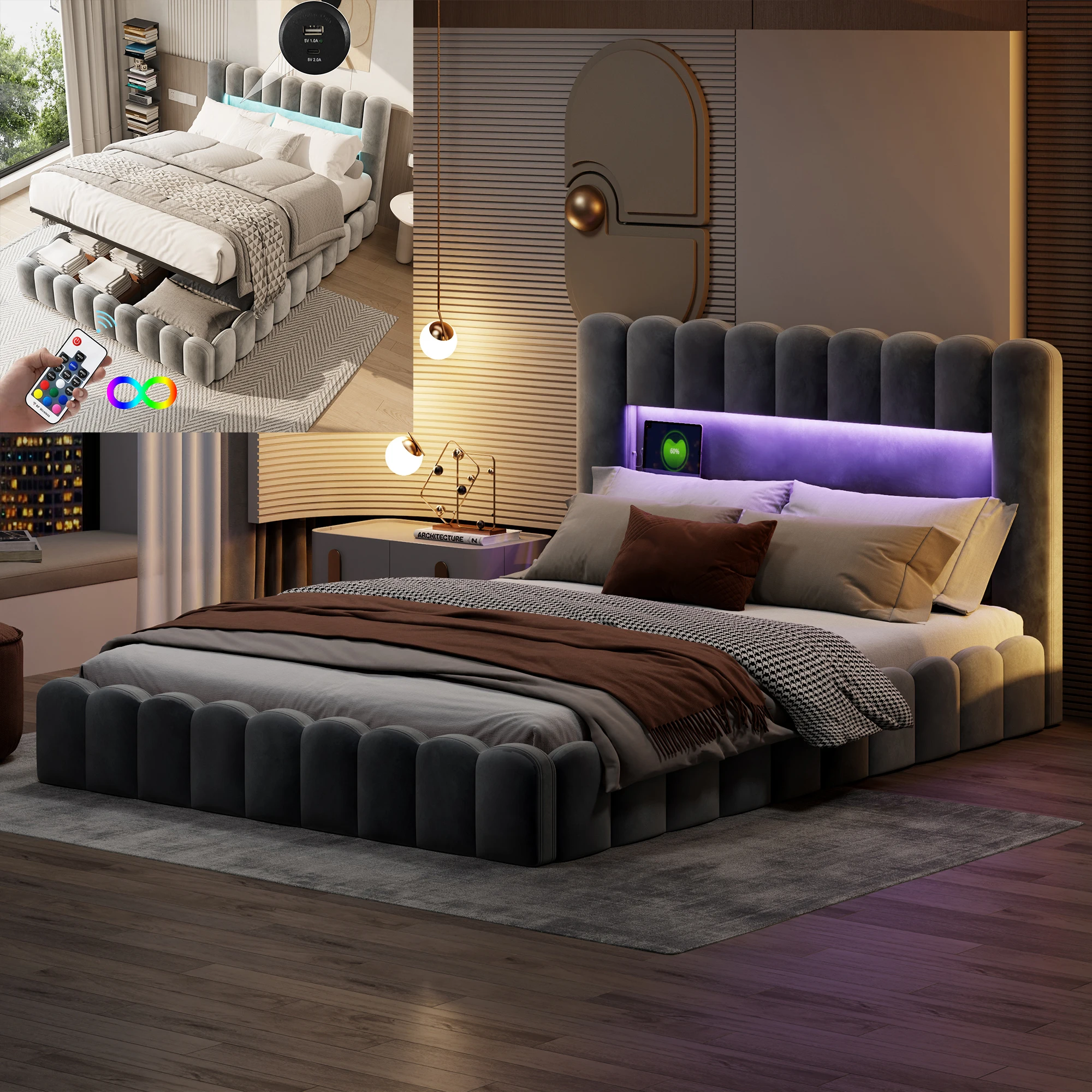 Rosahqnda Hydraulisches Doppelbett 180 x 200 cm, LED & USB Bett mit Stauraum, gepolstertes Gästebett, Jugendbett, Samt Image