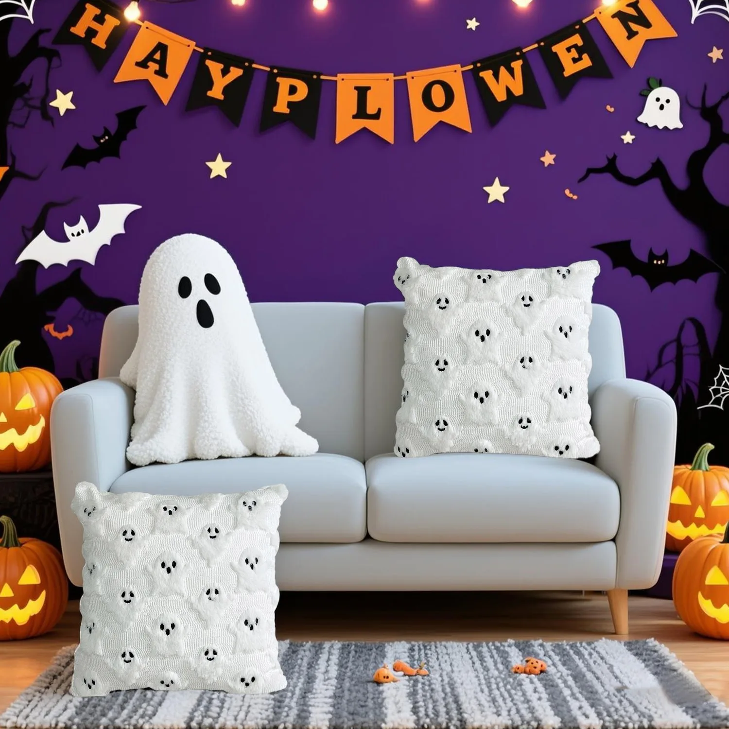 Halloween-Geist-dekorative Kissenbezüge, 45,7 x 45,7 cm, weicher Plüsch, Kunstfell, Überwurf-Kissenbezüge für Herbst, Herbst, Urlaub, Heimdekoration Image