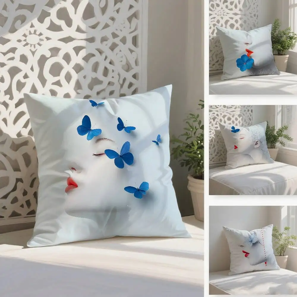 Kissenbezug für Mädchen mit blauen und Lippen, Anti-Dustmite-Kissenbezug, unsichtbarer Reißverschluss, seidiger kurzer Plüsch-Sofa-Kissenbezug Image