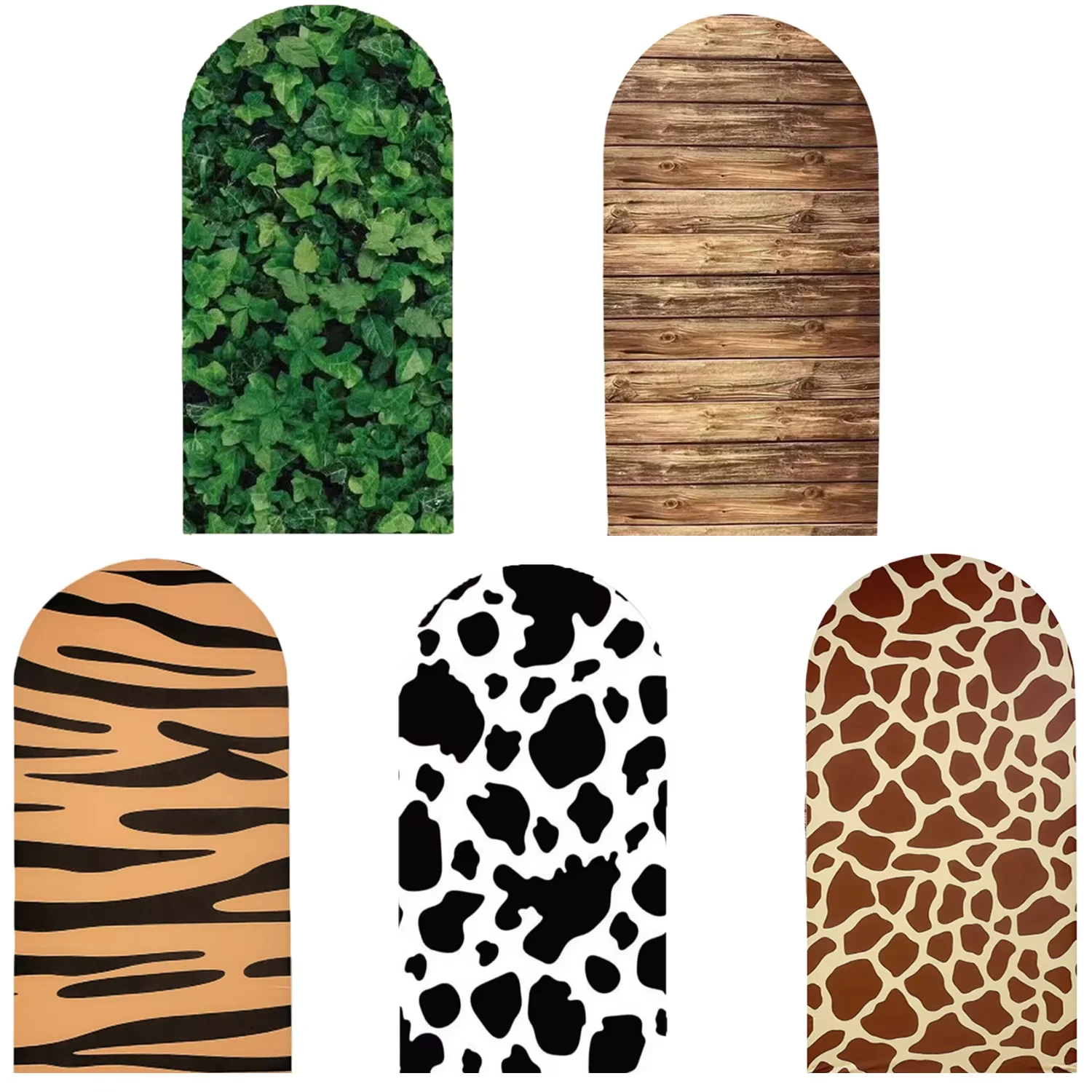 2-seitiger Spandex-Stoffbogen-Hintergrund, 2 x 1 m, Geburtstagsbogen-Abdeckung, Kuh, Tiger, Giraffe, Blätter, Druck, Abdeckungen, Dschungel-Geburtstagsparty-Dekoration Image