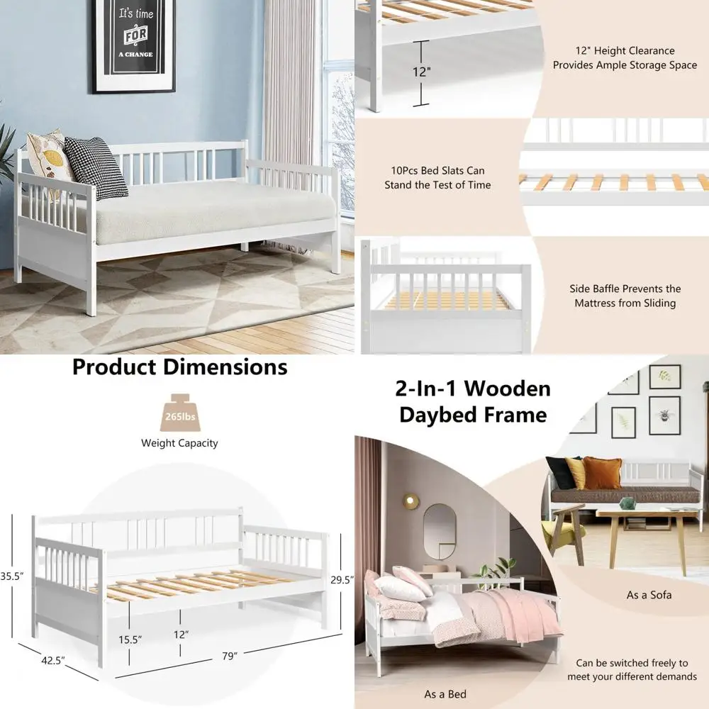 kotek twin daybed frame, wooden sofa bed guest bed with rails, platform bed frame twin size for living room, bedroom (white)