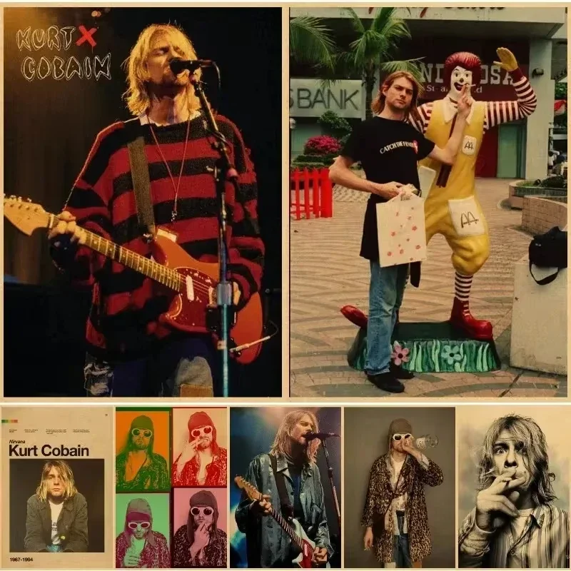 Kurt Cobain Singer Posters Rock and Roll Music Retro Kraft Paper Sticker Room Vintage Bar Cafe Decor Gift Art Wall Paintings