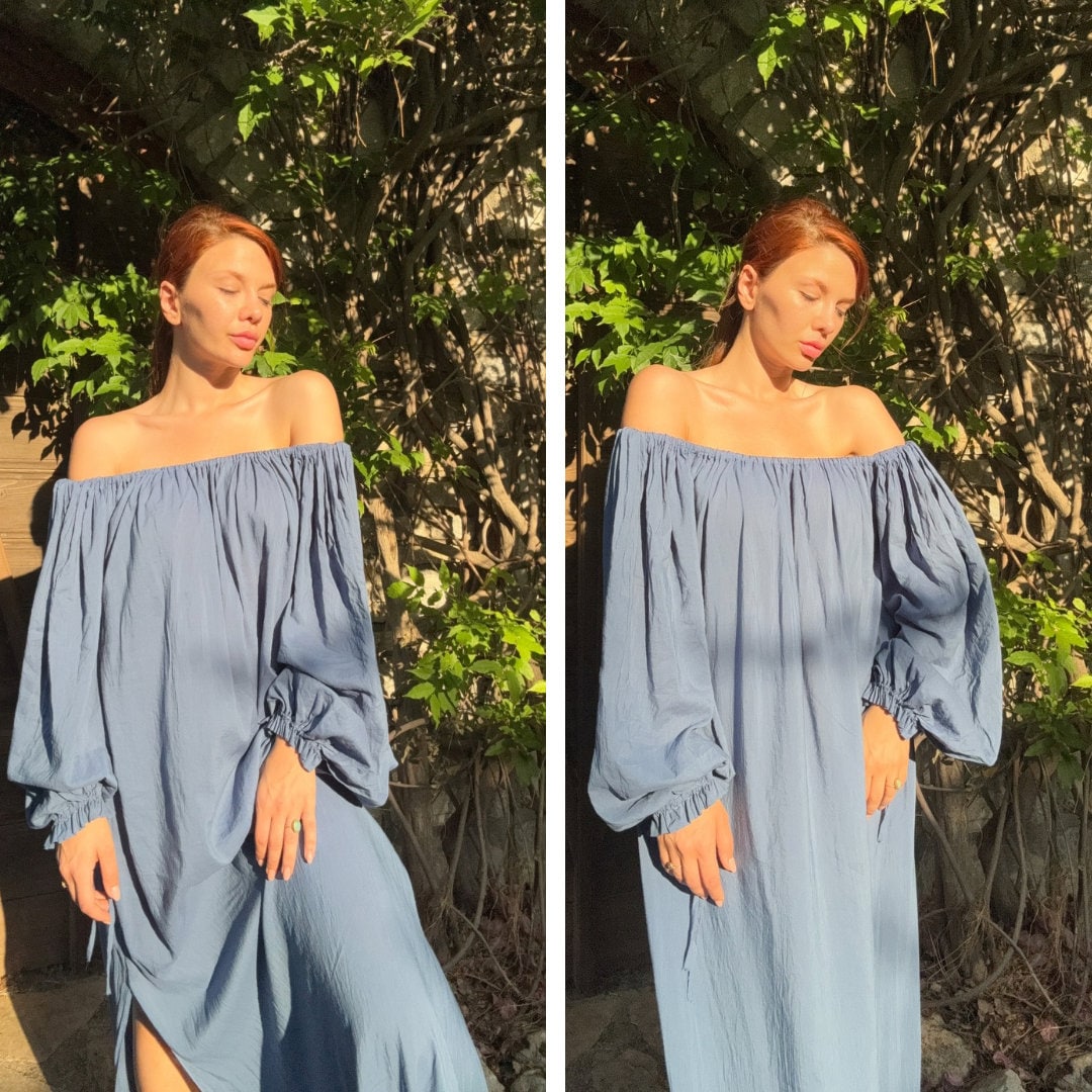 Abito lungo boho, abito con spalle scoperte, abito in cotone, abito lungo estivo, abito, abito boho, abito fluido, abito boho, abito in mussola