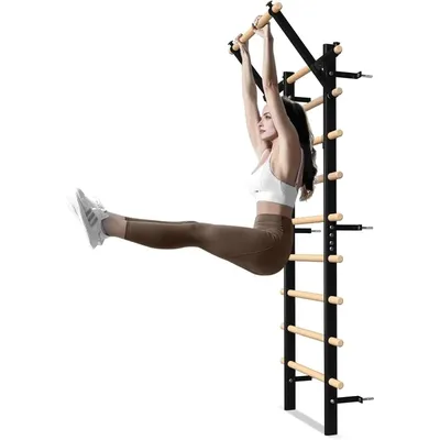 Ladder Wood Stall Bar, Suspension Trainer with Pull-Up Bar and Dip Bar Attachments, Wooden Stall Bar with 9 Strategic Ro