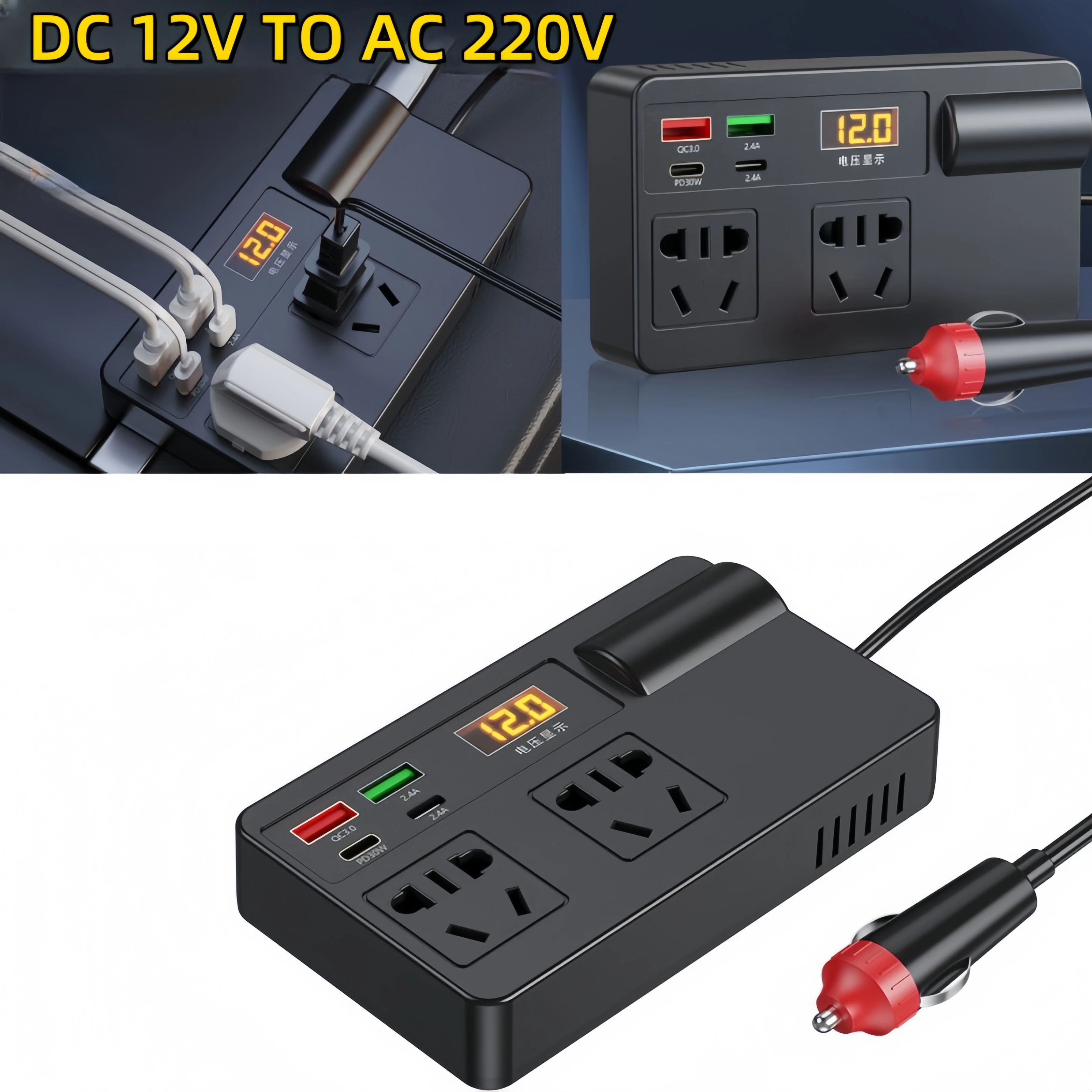 Car Inverter Power Converter 200W DC 12V/24V to AC 220V with Digital Voltage Display USB PD Type-C QC 3.0 Charger Switch