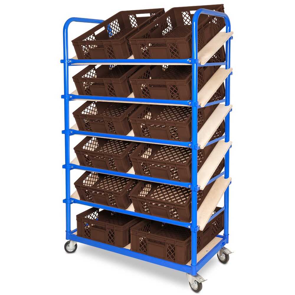 BRB Schrägboden-Regalwagen mit 6 Ebenen, bestückt mit 12 Euroboxen BxTxH 600x400x150 mm durchbrochen, BxTxH 1050x500x1690 mm (braun) Image