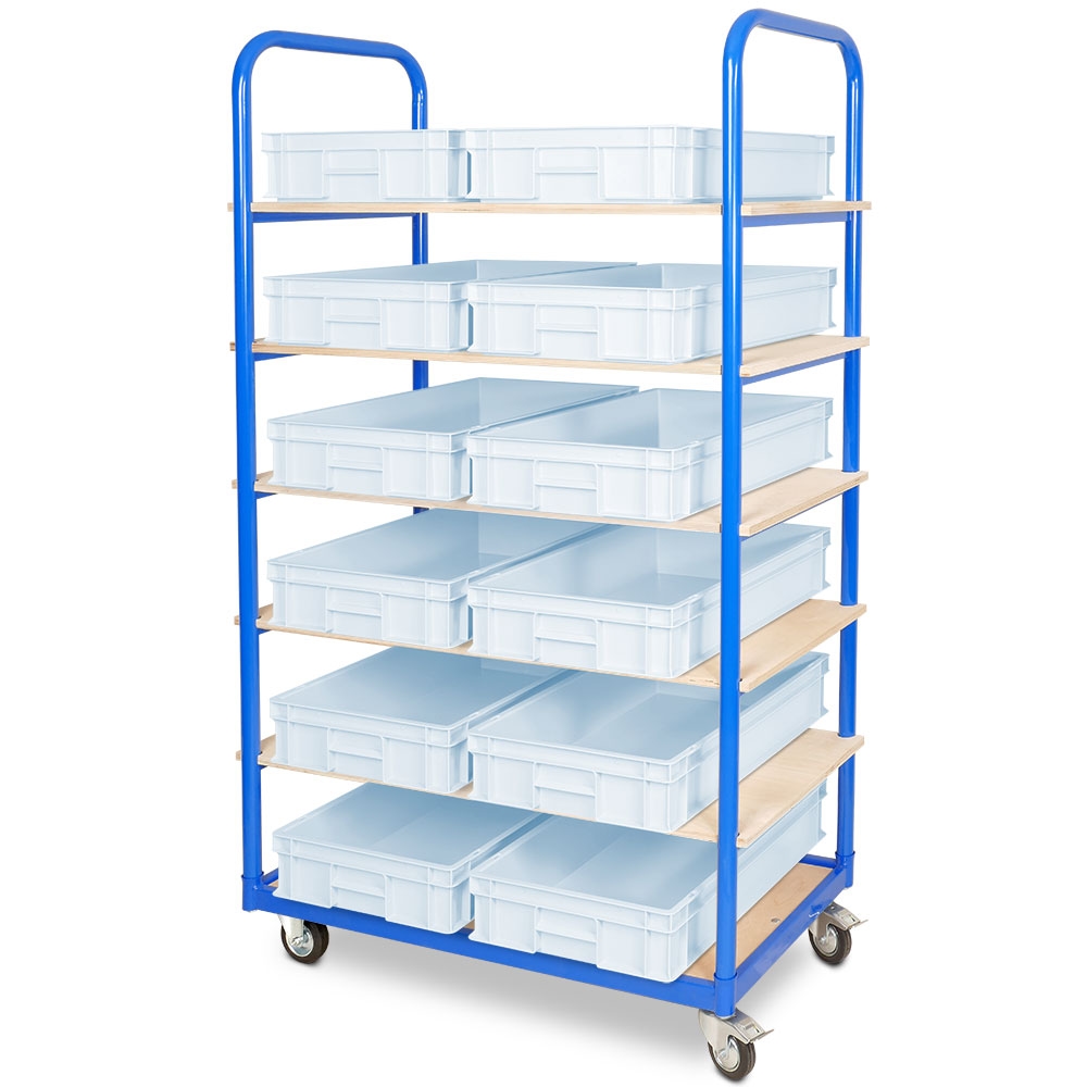 BRB Etagenwagen mit 6 Ebenen, BxTxH 1050x500x1690 mm, bestückt mit 12 Euroboxen BxTxH 600x400x120 mm, 2 Lenk-/2 Bockrollen (weiß) Image