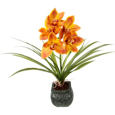 Kunstblume MY HOME "Orchidee", orange, B:35cm H:40cm L:25cm, Polyester, Kunstpflanzen, Mit Blätter im Topf aus Zement Künstliche Blume Cymbidium-Orchidee Image