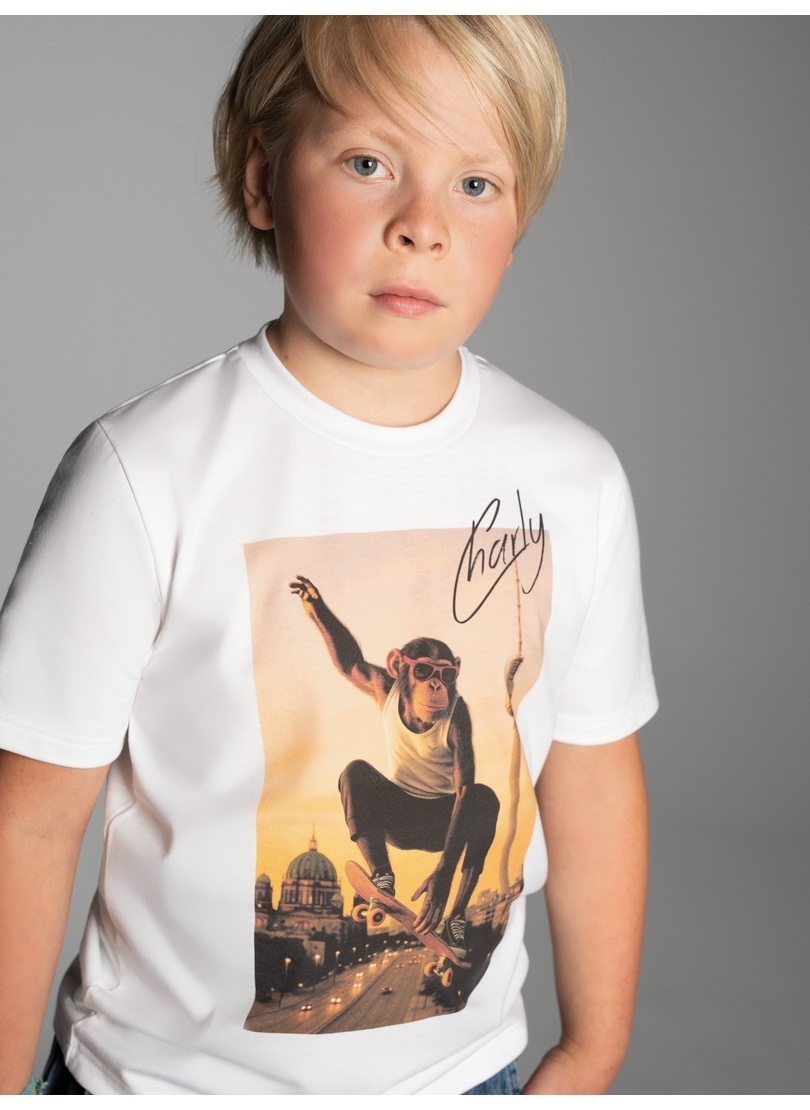 T-Shirt TRIGEMA "TRIGEMA T-Shirt trigema Affe Charly Skateboard", Jungen, Gr. 116, weiß, 100% Baumwolle, Basic, Shirts T-Shirt