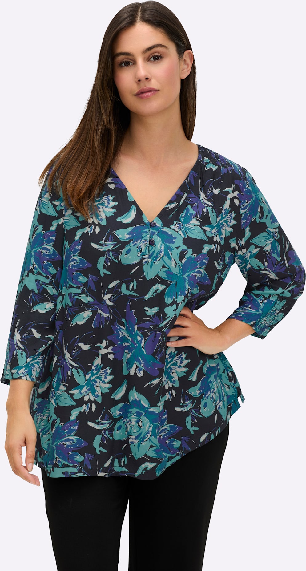 Longbluse SHEEGO, Damen, Gr. 52, blau (tiefblau, bedruckt), 100% Viskose, bedruckt, geblümt, gemustert, mehrfarbig, V-Ausschnitt, Blusen Longbluse