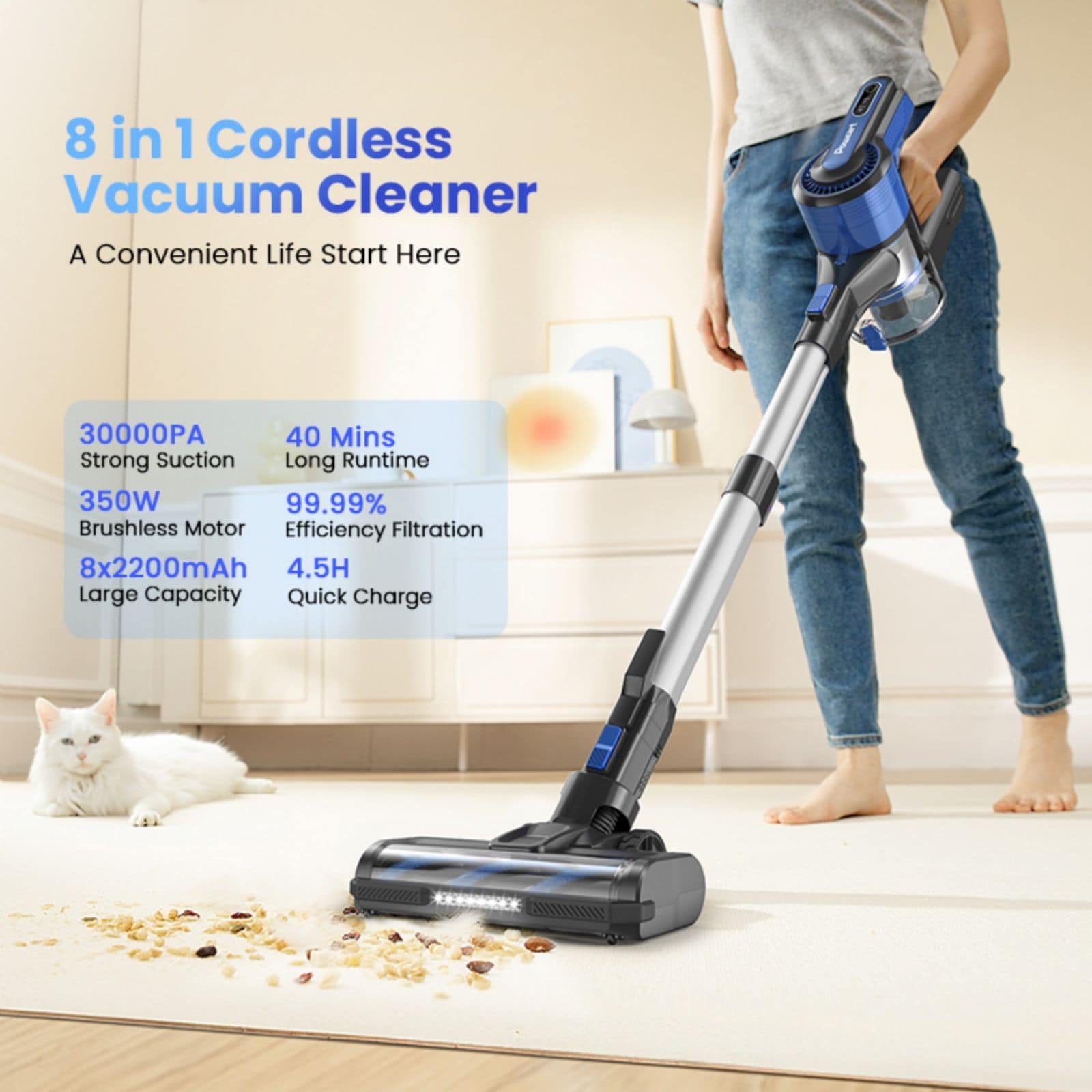 Cordless Stick Vacuum Cleaner 350W 30000Pa With HEPA Filtration - 10"L
