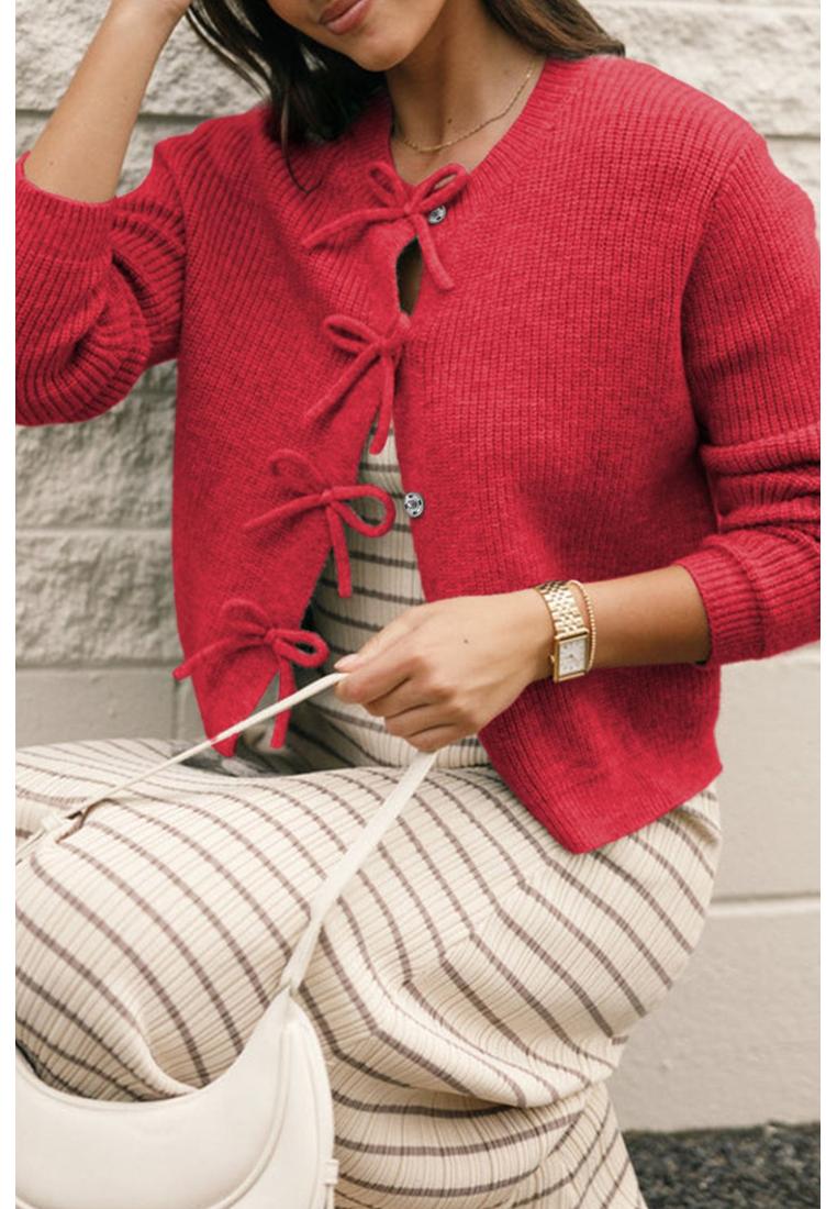 Gebundene langarmelige Schleifen-Strickjacke Image