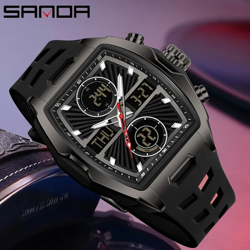SANDA Männer Uhr Luxus Sport Quarz Doppel Display Armbanduhr Chronograph Wasserdicht Militär Multifunktions Digitale Männliche Uhren