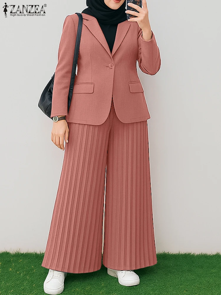 ZANZEA Herbst 2-teiliges Set für Damen, Büro-Outfits, 20225, eleganter Langarm-Blazer, weites Bein, plissierte Hose, Anzug, muslimische Trainingsanzüge Image