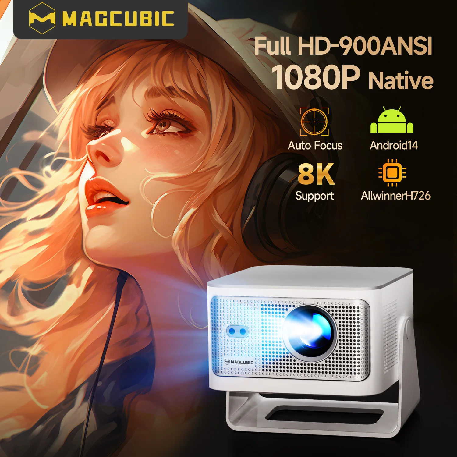 Magcubic Autofokus Android14 4K Projektor 900ANSI 8K Native 1080P HY350Max mit Wifi6 BT5.4 16G Allwinner H726 tragbar Outdoor Image