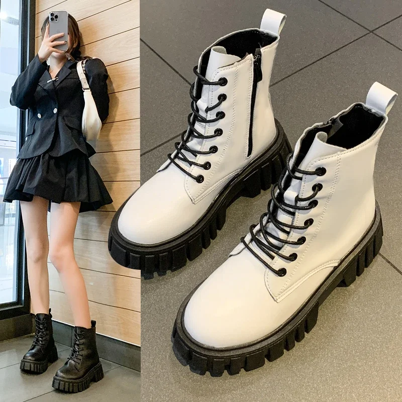 Weiß Chunky Plattform Kampf Stiefel Frauen Zurück Zipper Pu Leder Stiefeletten Frau Punk Dicken Boden Motorrad Botas Mujer Image