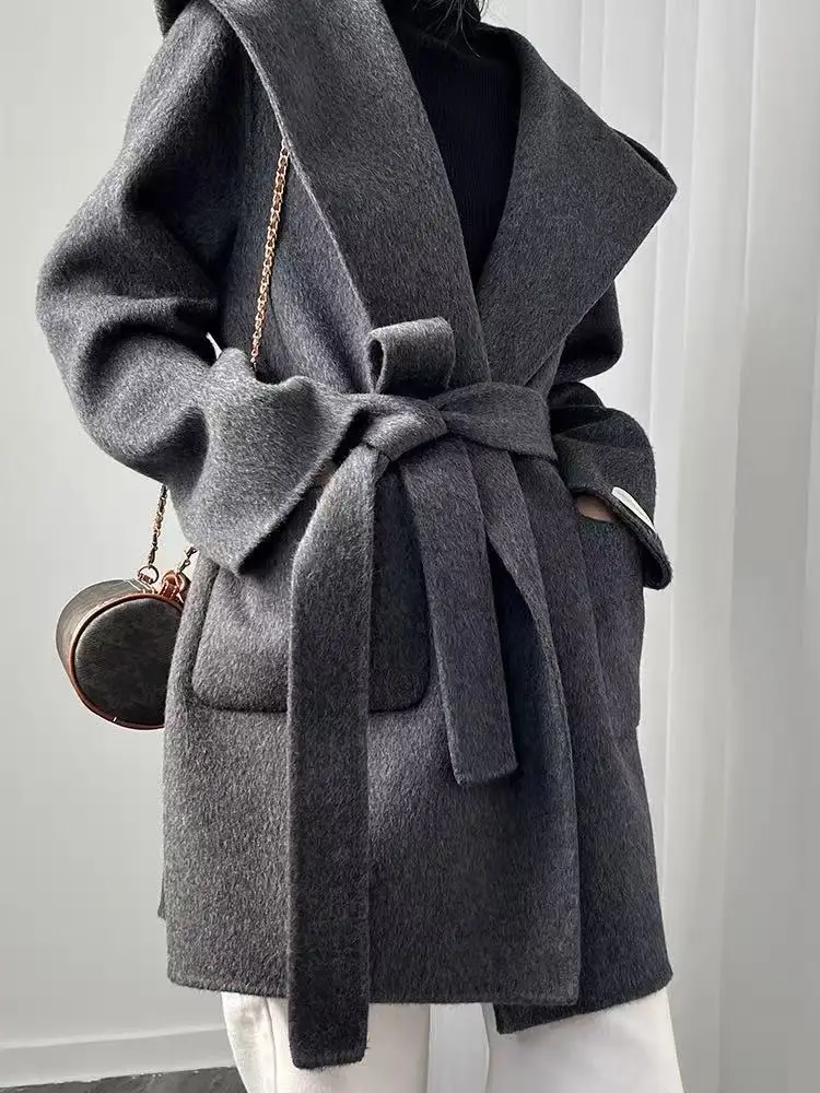 Casual Bademantel Stil Mantel Temperament Mit Kapuze Pendler doppelseitige Wolle Mantel Frauen Mode Warme Gürtel Lose Jacke Winter Image