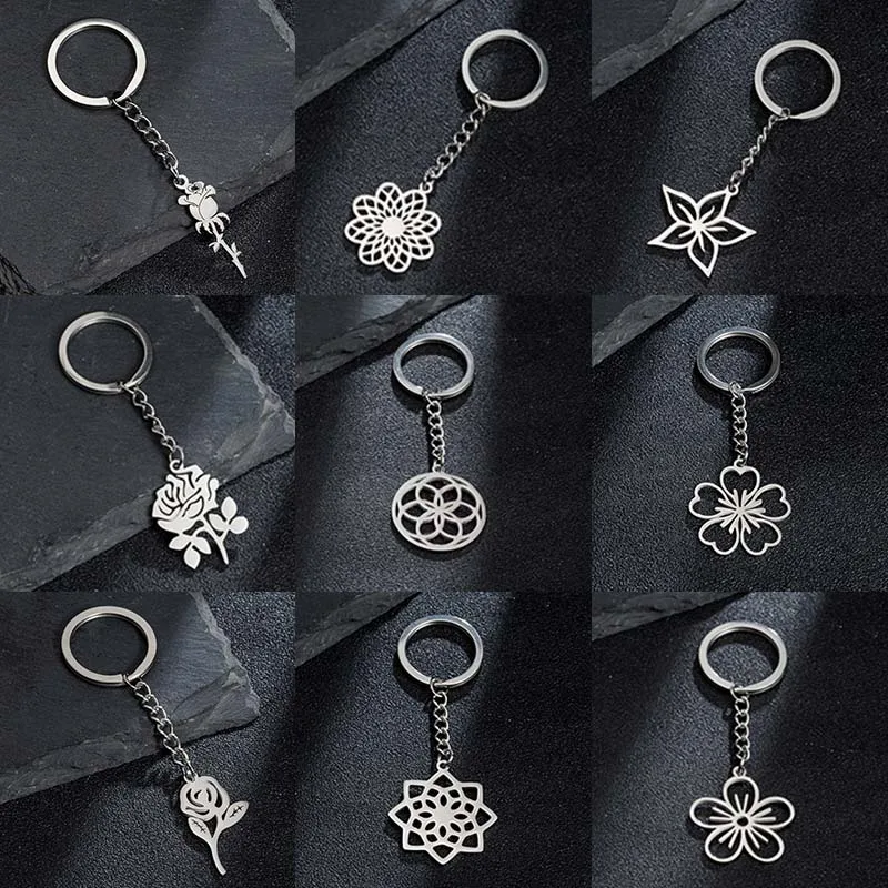 Edelstahl Rose Mandala Blume Charm Schlüsselanhänger für Frauen Sakura Schlüsselanhänger Mädchen Geldbörse Schlüsselanhänger Zubehör Großhandel Image