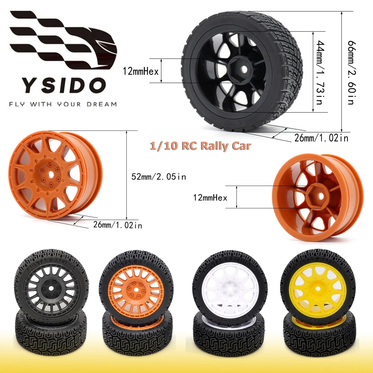 YSIDO 66 mm RC-Räder, Reifen, 12 mm Sechskant, für 1/10 Rallye-Auto, LKW, Drift, On-Road-Rennwagen, Tamiya TT02 Traxxas HSP HPI RedCat RC-Auto
