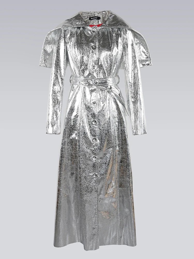 Nerazzurri Herbst Maxi Luxus elegant schick Silber Gold glänzend Patent Kunstleder Mantel Frauen mit Kapuze extra langen Mantel
