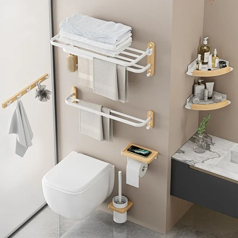Porte-serviettes de salle de bain en bois, ensemble d'étagères de bain, étagère de rangement de douche, étagère de bain murale en bois, étagère d'angle pour salle de bain, support pour sèche-cheveux