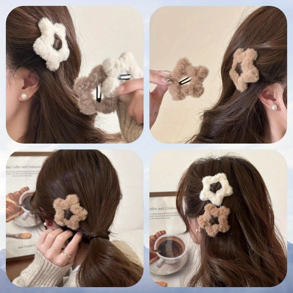 4/2 Stück Herbst- und Winter-Haarspangen mit cremigem Curry-Plüschstern, niedliche Haarspangen, geeignet für das Tragen im Herbst und Winter von Frauen Image