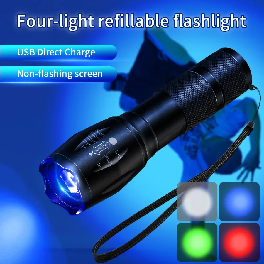 4-Zoll-Mehrfarben-Zoom-LED-Taschenlampe, tragbar, wiederaufladbar, starkes Licht, Taschenlampe, Mini-Taschenlampe, Laterne, wasserdichte Campinglampe