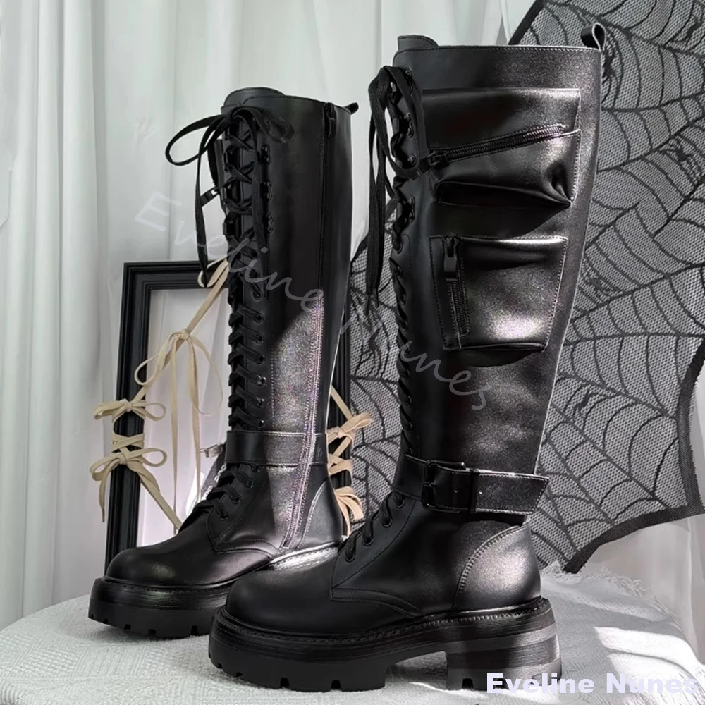 Punk Ritter Stiefel Frauen Kreuz Gebunden Gürtel Schnalle Runde Kappe Blockabsatz Seitlichem Reißverschluss Kniehohe Stiefel Neue Hotties Schwarze Lederstiefel