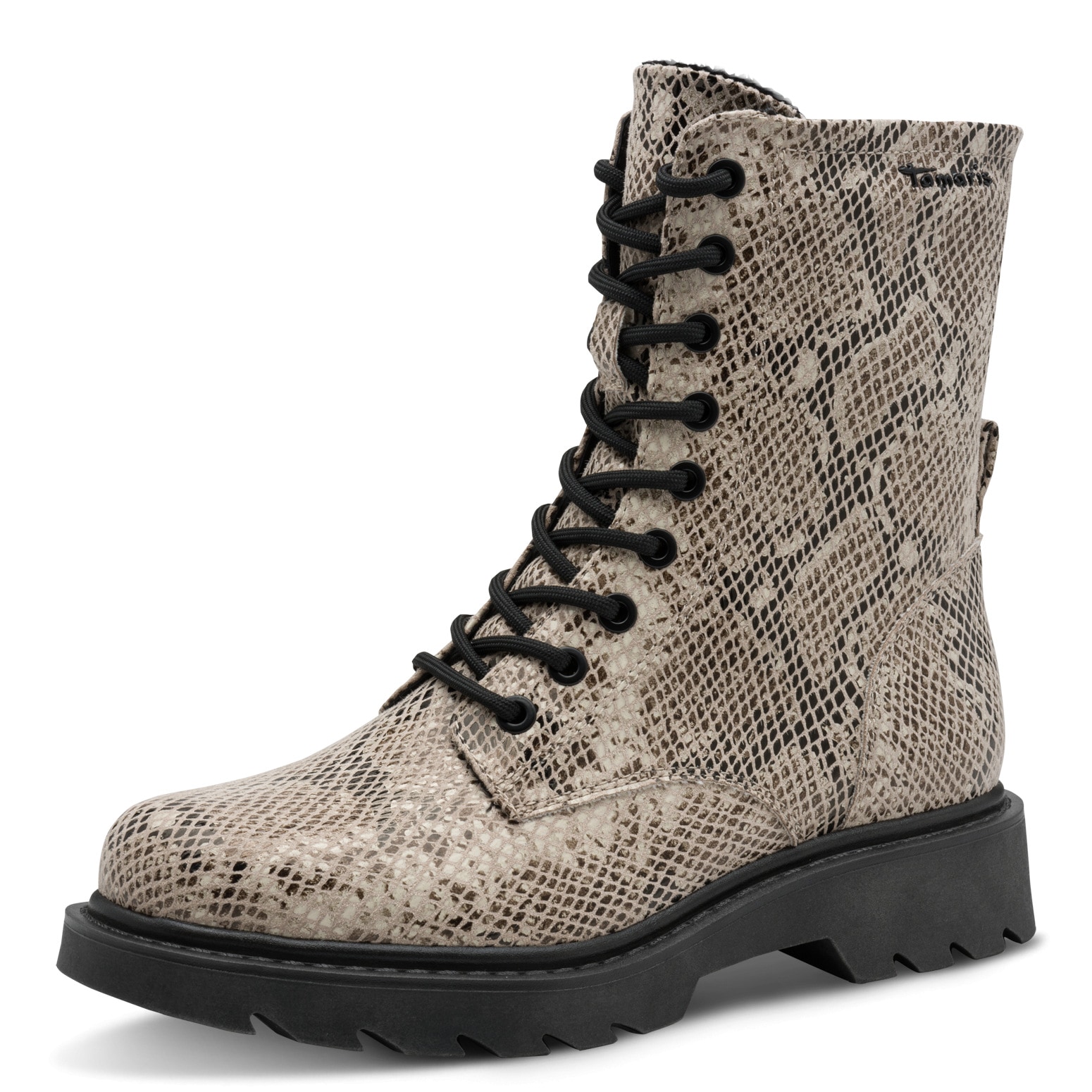 Schnürstiefelette TAMARIS, Damen, Gr. 39, beige snake, Textil, Reptilienprägung, Schuhe Schnürstiefelette, Blockabsatz, Schnürboots mit trendiger Prägung