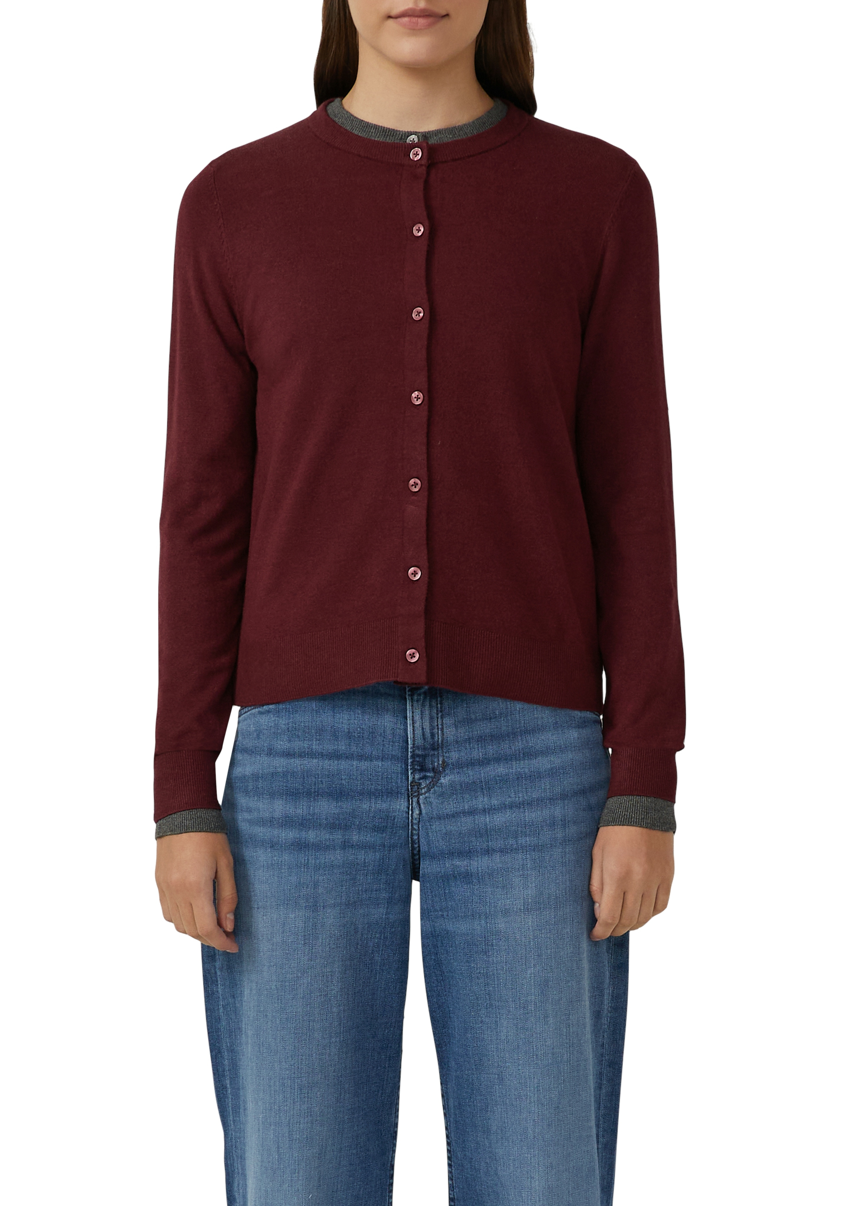 Strickjacke S.OLIVER, Damen, Gr. 44, rot (dunkelrot), Strick, Obermaterial: 72% Viskose, 28% Polyester, unifarben, regular fit normal, Rundhals, gerader Abschluss, Strickjacken, mit Knopfleiste Image