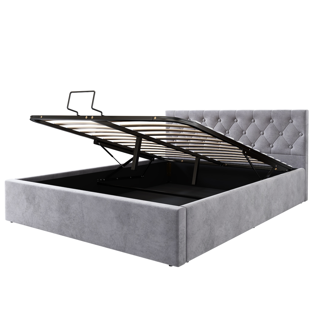 OKWISH Polsterbett 140x200 Grau mit Hydraulikfunktion,Samt Elegantes Bett mit Stauraum und Knopfoptik Doppelbett für kleine Schlafzimmer Boxspringbett Grau Image