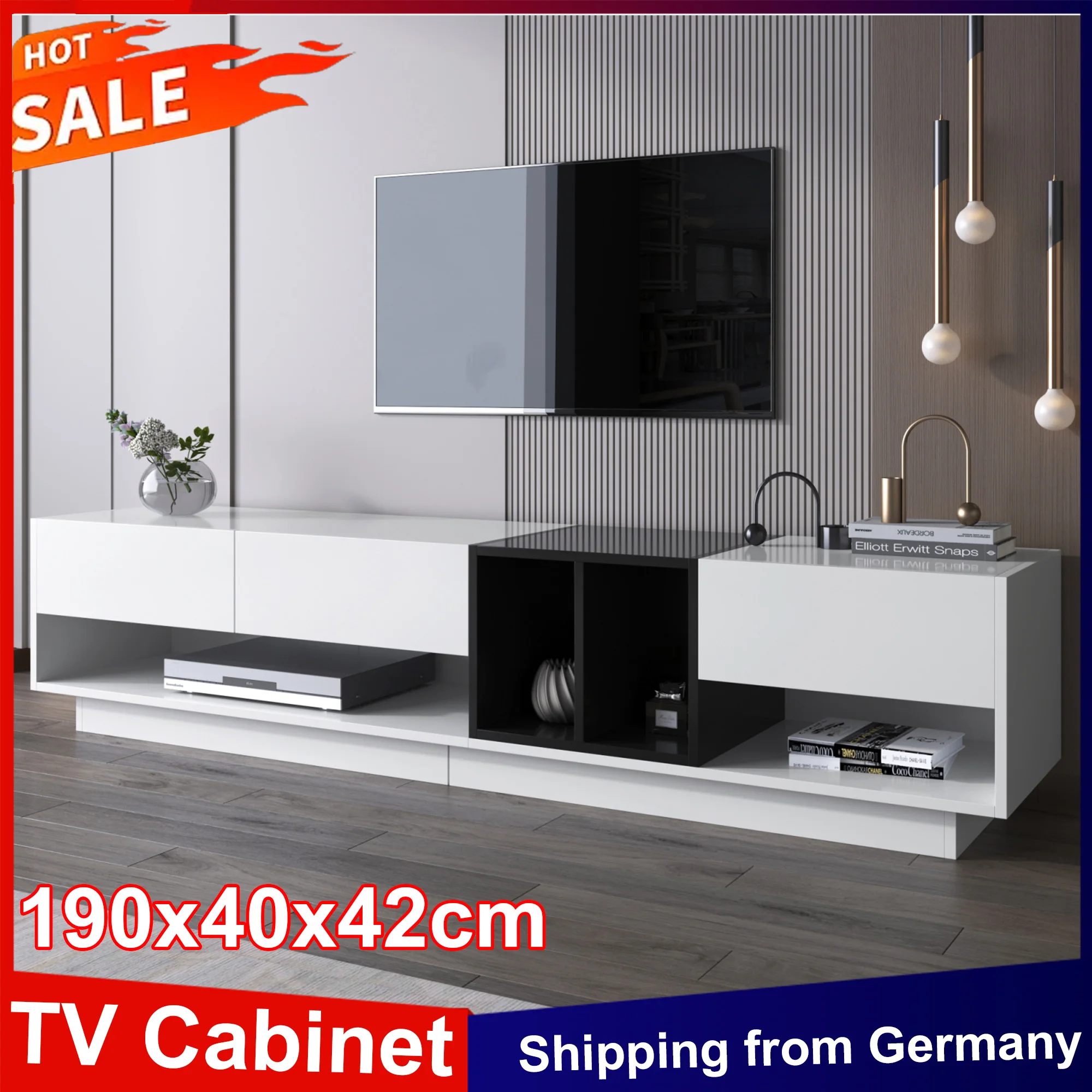 Anajqaqia 190 x 40 x 42 cm TV-Schrank, TV-Lowboard mit offenen Fächern, Hochglanz-TV-Tafel mit 3-Schubladen-Sideboard für das Wohnzimmer