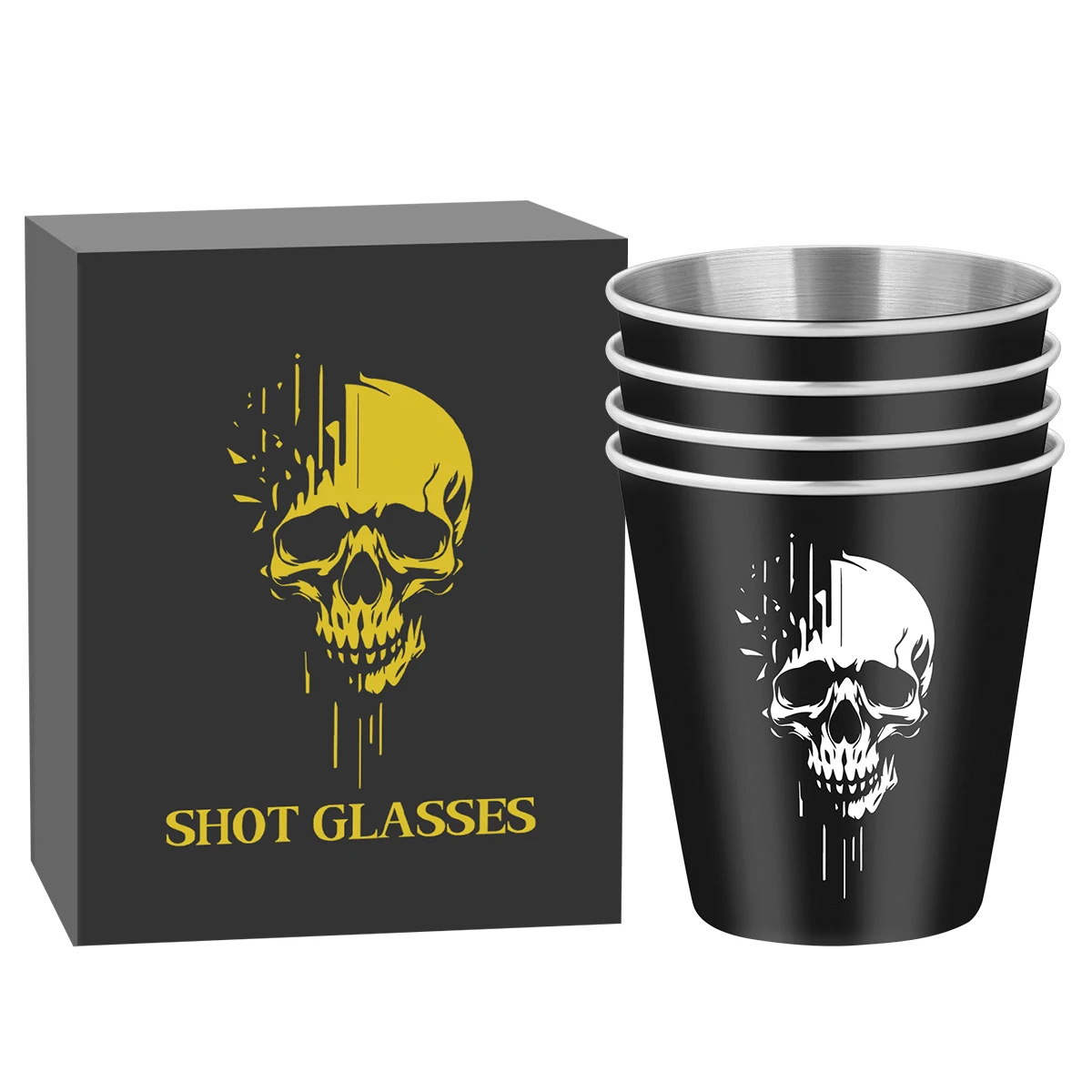 LKKCHER 70 ml Edelstahl-Weinglas, 4 Stück/Set, Schnapsgläser mit Totenkopf-Muster, 0,8 Unzen, Bier- und Getränkebecher, Geschenkset, Box für Vater, Vater, Männer Image