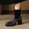 Elegante 2025, echtes Leder Stiefeletten für Frauen, dicke High Heels, Stretch, kurze Herbst-Winter-Schuhe, Damenstiefel, Plateaustiefel