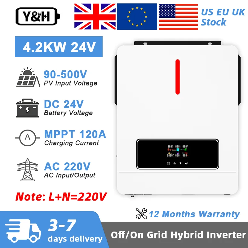 Y & H 4200W onduleur solaire hybride 24Vdc à 220Vac on/off onduleur réseau onduleur à onde sinusoïdale Pure MPPT 120A contrôleur de Charge solaire