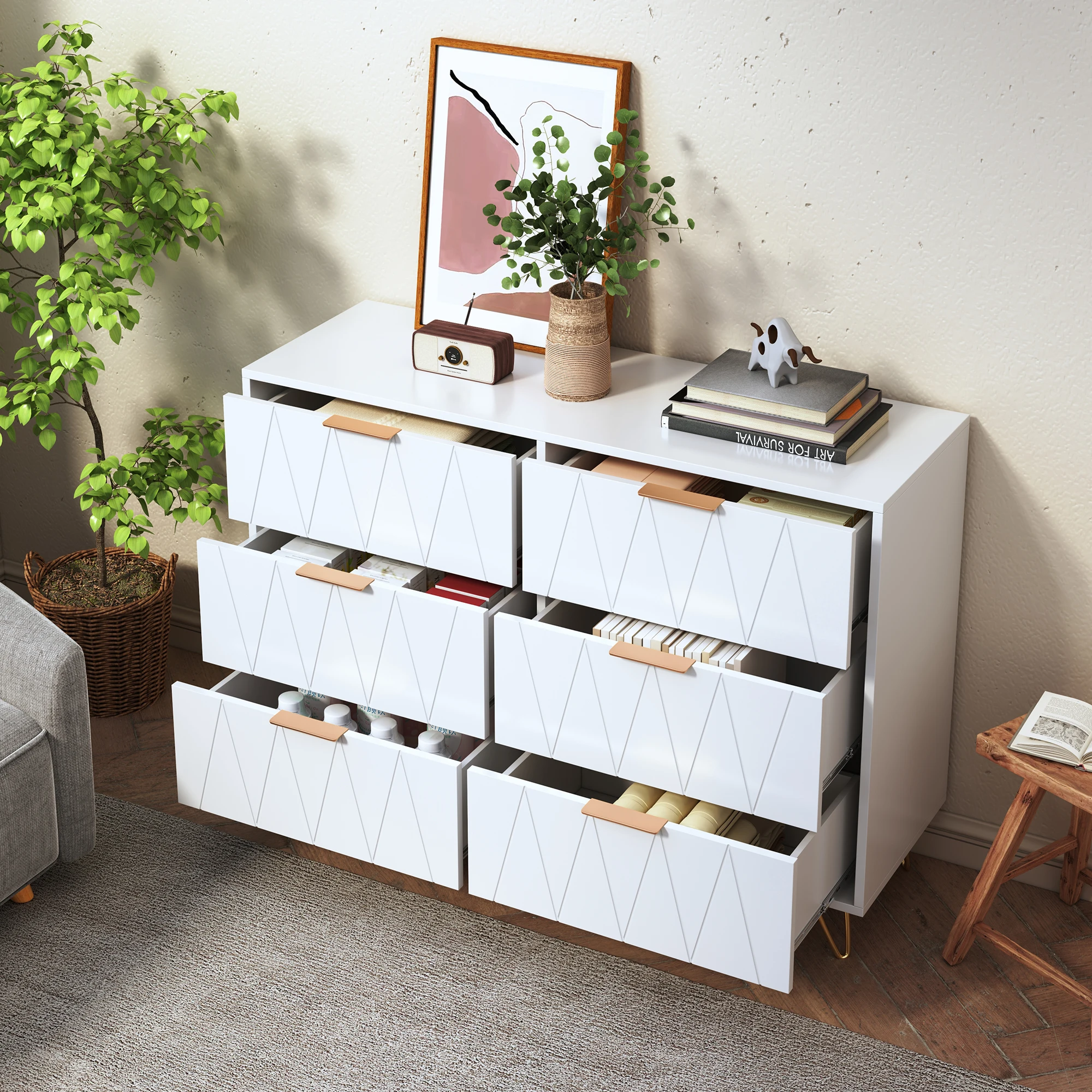 Rosahqnda Kommode mit 4/6 Schubladen, moderner MDF-Aufbewahrungsschrank mit Metallbeinen, für Wohnzimmer, Schlafzimmer, Büro Image