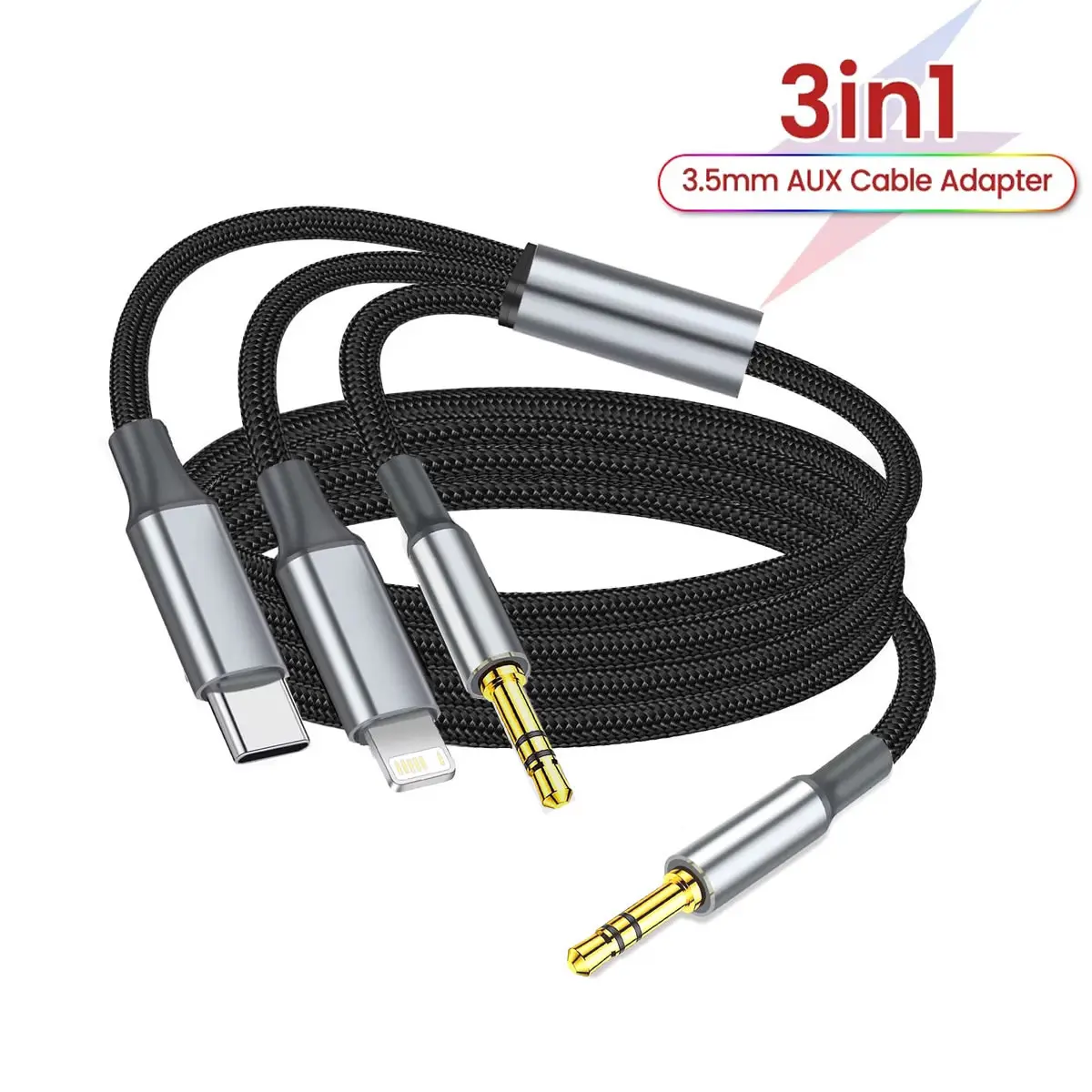 3-in-1 Typ C 3,5 mm Klinke Aux-Kabel auf IOS-Audiokabel-Adapter für iPhone iPad Autolautsprecher Stecker auf Stecker USB-C-Konverterkabel Image