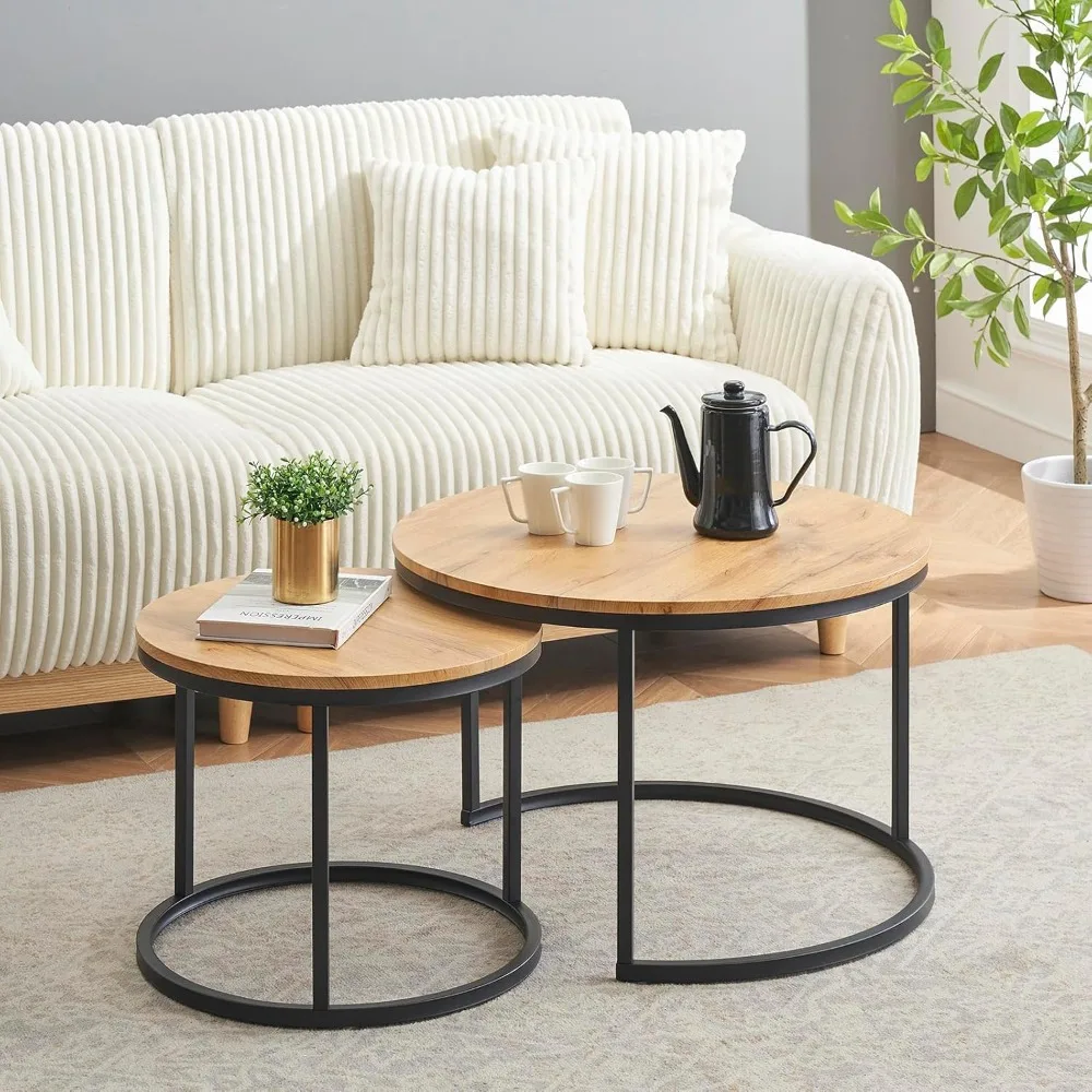 Couchtische 2er-Set, moderner Couchtisch mit schwarzem Metallrahmen, Holz 70 x 70 x 45 cm, Couchtisch