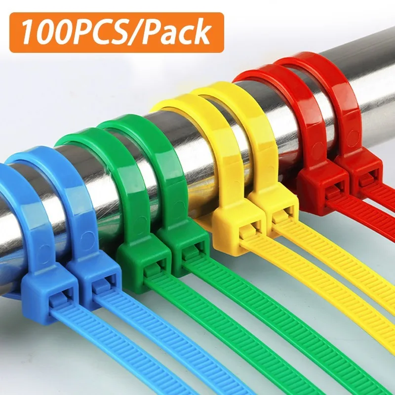 100 Stück/Beutel Kabelbinder, Nylon, selbstsichernd, mehrfarbig, Nylon-Kabelbinder, schnell Bündel, Kunststoff, Schlaufe, Drahtwickel, zufällige Farbe, 4 x 200 mm Image