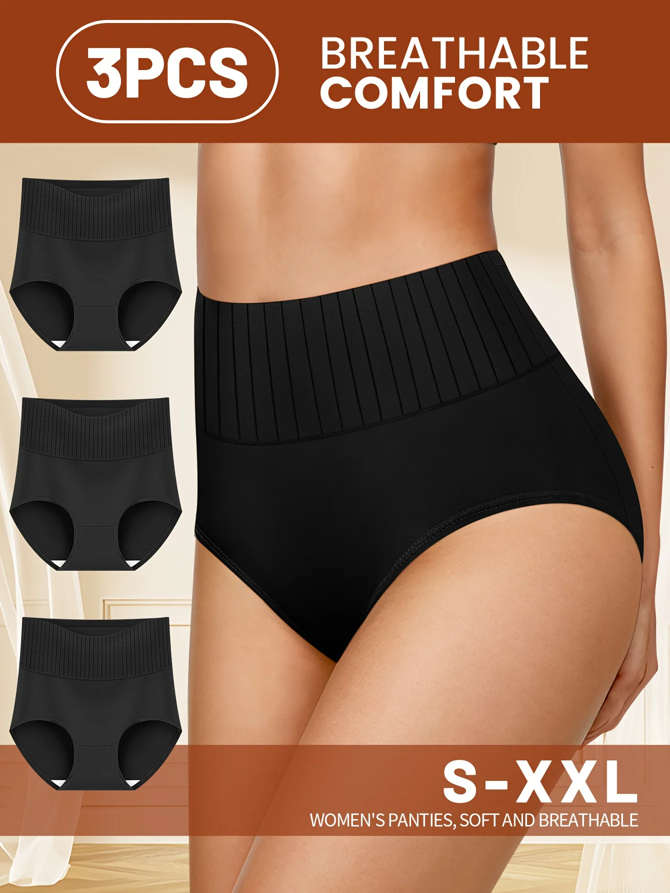 3er-Pack Damen-Dreiecksunterwäsche mit hoher Taille und Bauchkontrolle, Shapewear, Po-Lifting-Fadenstoff, einfacher Stil, täglicher Slip Image