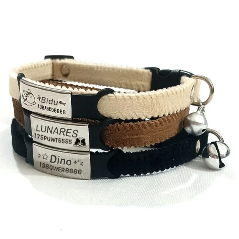 Personalisiertes Plüschglocken-Haustierhalsband mit Namen – individuelles Ausweislicht, kleine Sicherheitsschnalle, Anziehhalskette für Kätzchen, Welpen, Hunde und Katzen Image