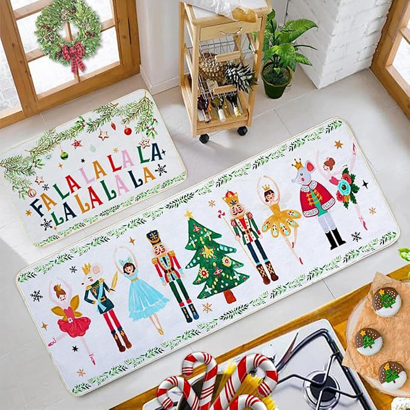 New Christmas Kitchen Floor Mat 2-Piece Set, Absorbent, Dirt-Resistant Entrance and Door Rug, Easy-to-Clean Kitchen Mats