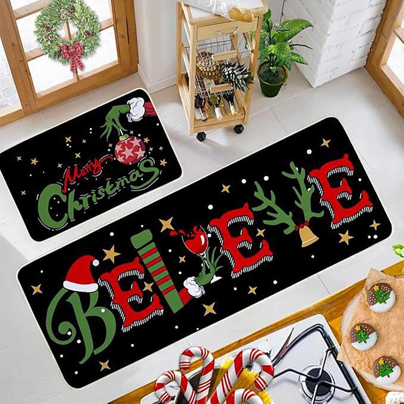 Christmas Floor Mat 2-Piece Set For Hallway Kitchen, Absorbent, Dirt-Resistant And Soft Non-Slip Machine Washable Rug Entrance and Door Rug, Easy-to-Clean Kitchen Mats
