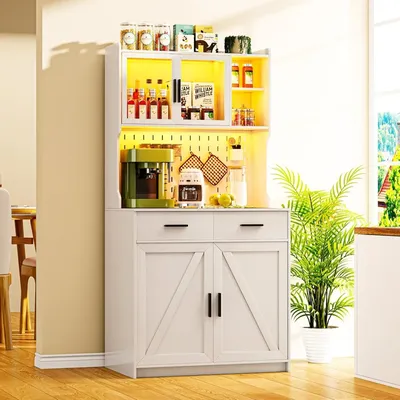 64" Farmhouse Kitchen Pantry with Auto Sensor LED,Storage Cabinets with 2 Outlets for Microwave & USB-C Ports,Hutch Cabin