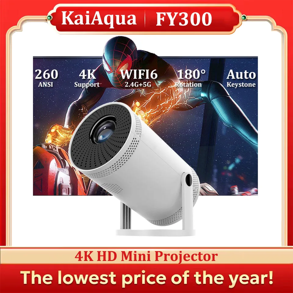 KaiAqua FY300 Portable Projector 260ANSI Auto Keystone 4K 1080P 720P 5G Wifi6 BT5.0 Home Cinema Theater Outdoor Mini Projectors