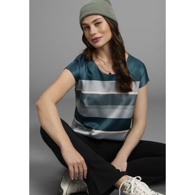 Shirtbluse LAURA SCOTT, Damen, Gr. 34, blau (petrol, mint), Satin, Single Jersey, Obermaterial: 100% Polyester. Rückenteil: 95% Viskose, 5% Elasthan, mehrfarbig, gestreift, glänzend, feminin, figurumspielend hüftbedeckend, Rundhals, ohne Ärmel... Image