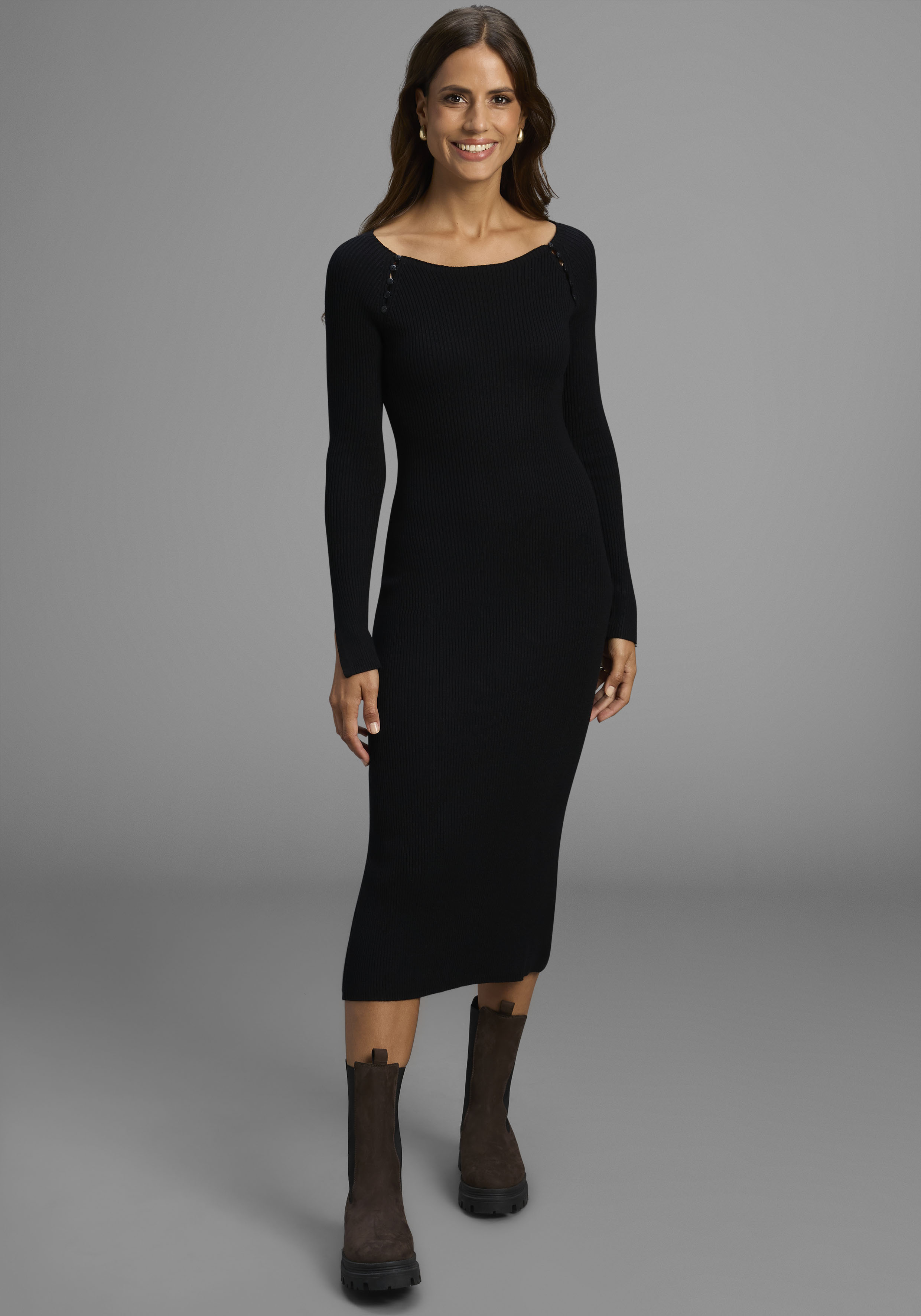 Strickkleid HECHTER PARIS, Damen, Gr. 36, N-Gr, schwarz (schwarz solid), Strick, Obermaterial: 70% Viskose, 30% Polyamid, unifarben, figurbetont wadenlang, Rundhals, Raglanärmel, Kleider, mit Cutouts und Knöpfen - NEUE KOLLEKTION Image
